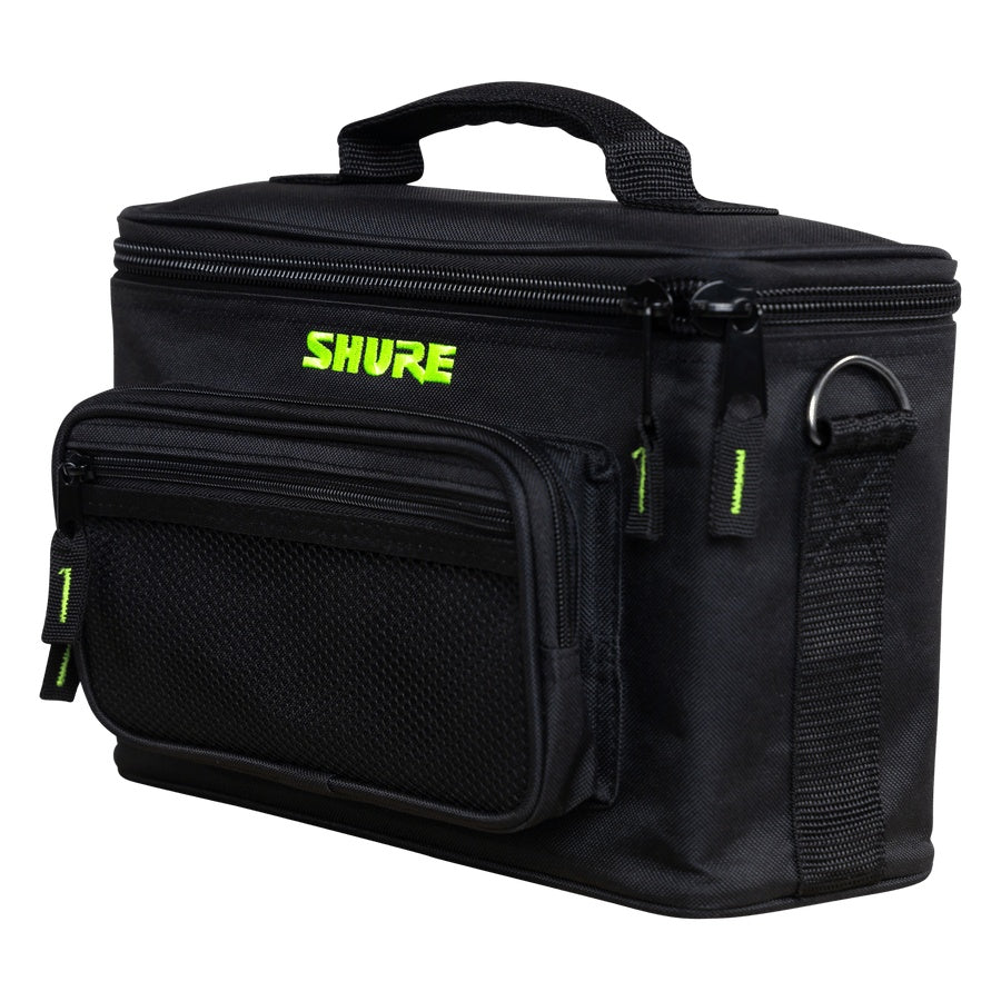 SH-MICBAG04 microphone bag three-quarter left view showing top carry handle, mesh front pocket and side D-ring strap mount, Gator