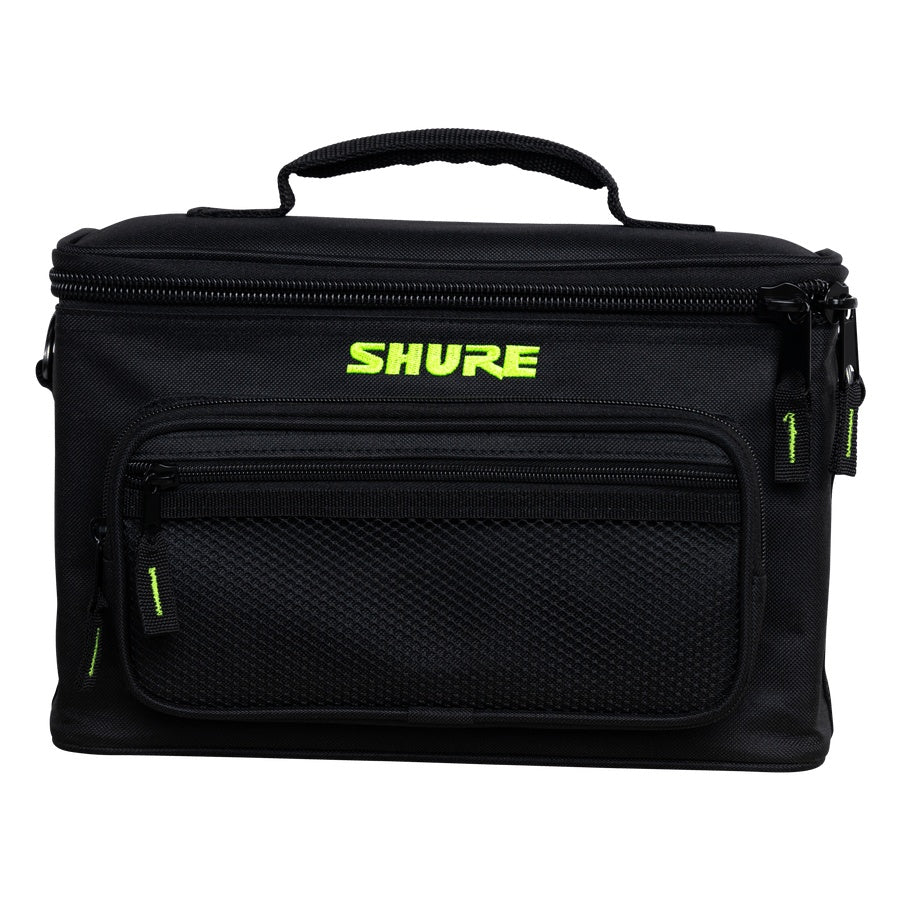 SH-MICBAG04 microphone bag front view with zippered mesh accessory pocket and green embroidered Shure logo, Gator
