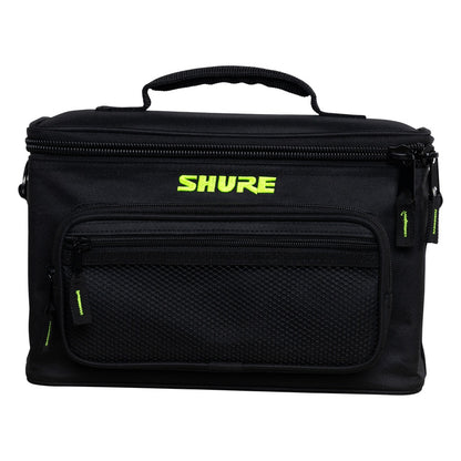 SH-MICBAG04 microphone bag front view with zippered mesh accessory pocket and green embroidered Shure logo, Gator