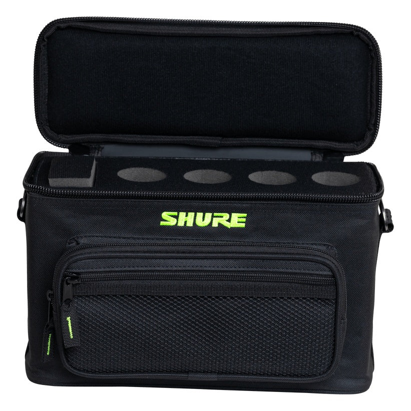 SH-MICBAG04 microphone bag open with lid raised showing empty foam insert with four round mic slots, Gator