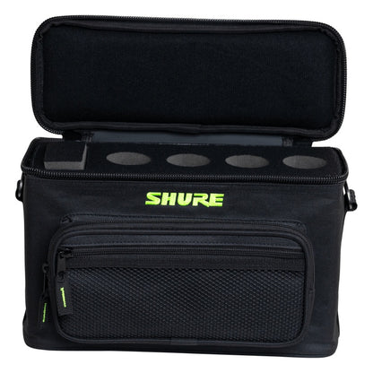 SH-MICBAG04 microphone bag open with lid raised showing empty foam insert with four round mic slots, Gator