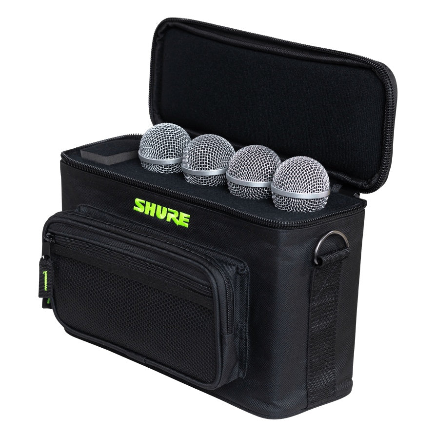 SH-MICBAG04 microphone bag open and loaded with four wired-style mic ball grilles seated in the foam insert, Gator