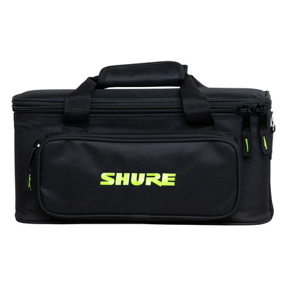 SH-MICBAG12 microphone bag straight-on front view showing padded top handle, zippered front pocket with green Shure embroidery and green zipper pulls, Gator