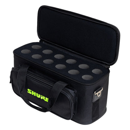 SH-MICBAG12 microphone bag open with lid raised showing empty foam insert with twelve round microphone slots, Gator