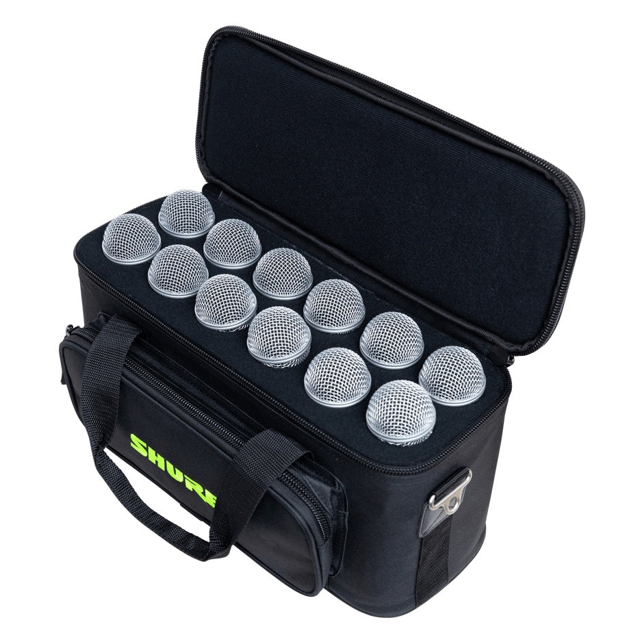 SH-MICBAG12 microphone bag open with twelve microphones loaded, mesh grille heads visible in the foam insert slots, Gator