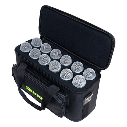 SH-MICBAG12 microphone bag open with twelve microphones loaded, mesh grille heads visible in the foam insert slots, Gator