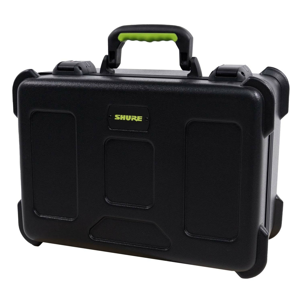 SH-MICCASE15 molded mic case angled front view from the left showing green-accent carry handle, TSA latches and Shure logo plate, Gator
