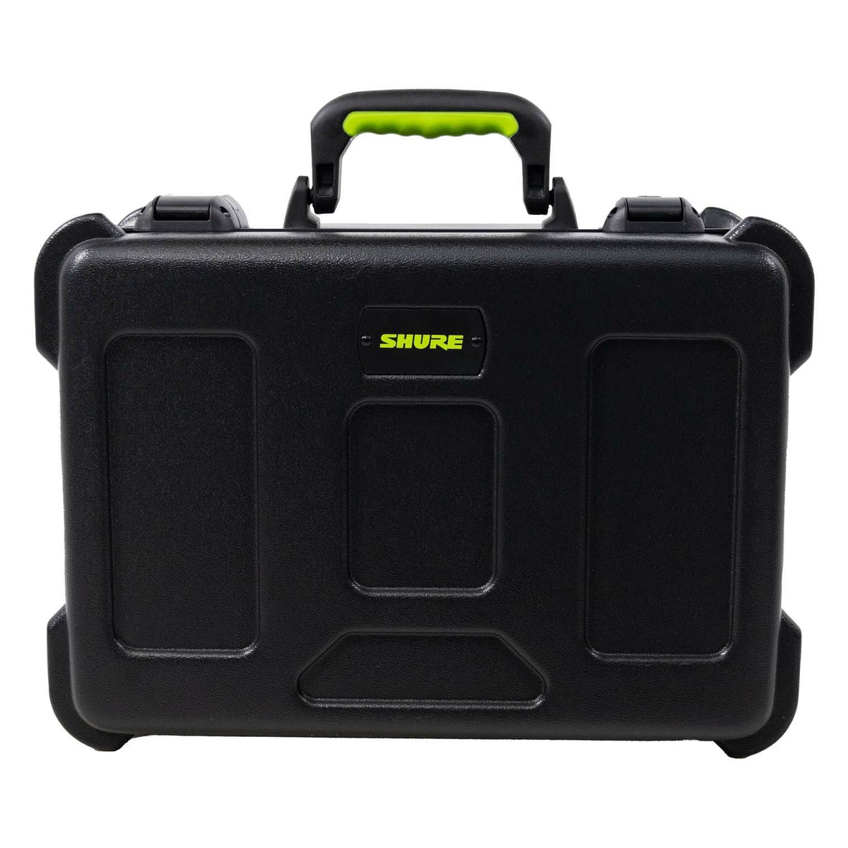 SH-MICCASE15 molded mic case straight-on front view showing green-accent carry handle, latches and raised panels with Shure logo, Gator