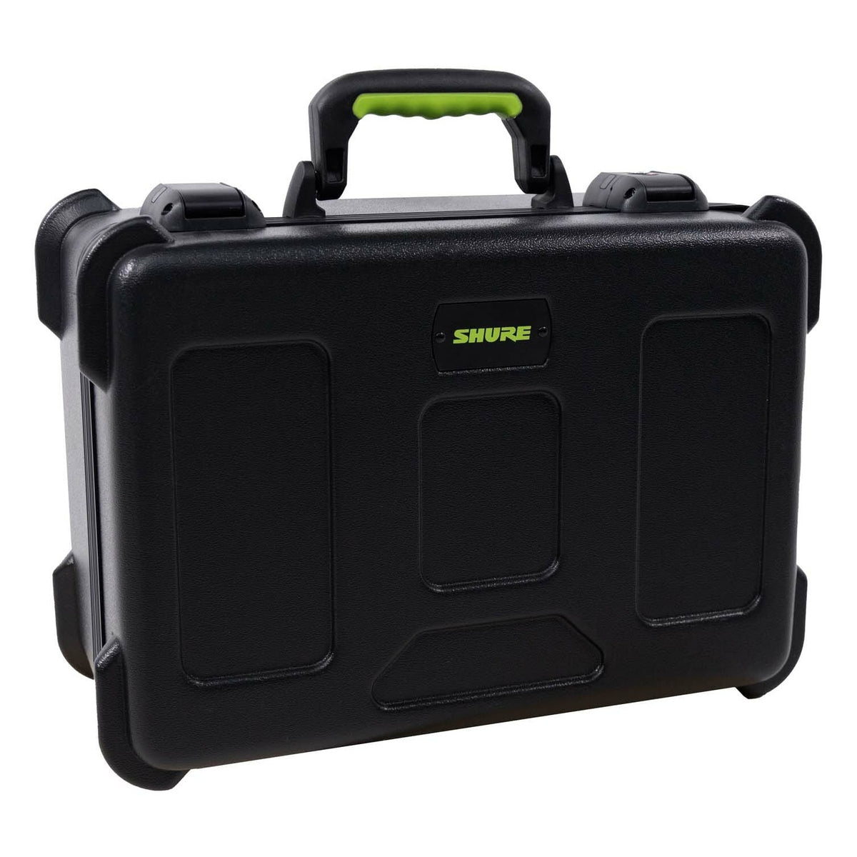 SH-MICCASE15 molded mic case angled front view from the right showing green-accent handle, latches and Shure logo plate, Gator