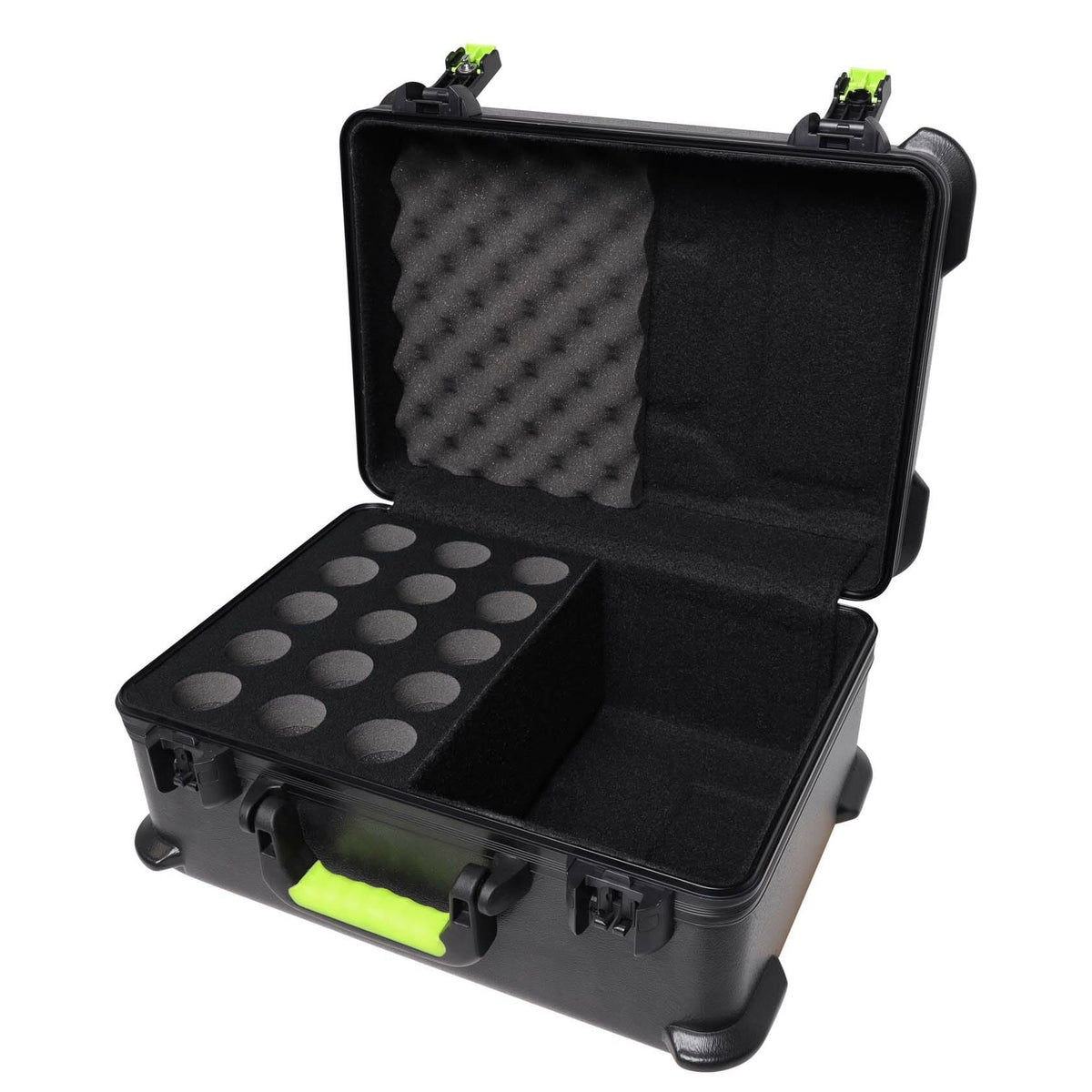 SH-MICCASE15 open case interior showing 15 foam microphone cutouts, egg-crate foam lid panel and accessory compartment, Gator