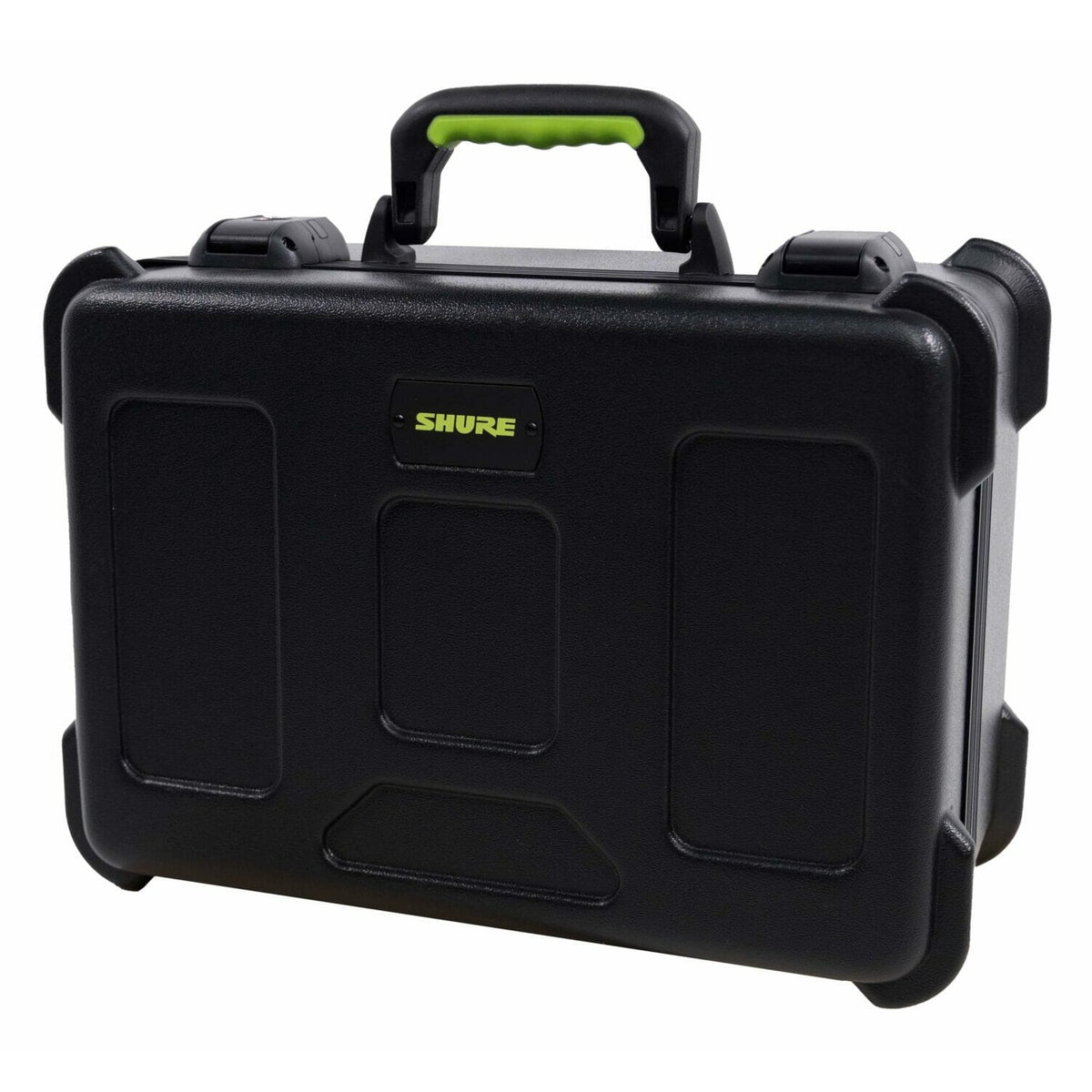 SH-MICCASE30 molded mic case angled three-quarter view from the left with lime green handle grip and Shure logo plate on the lid, Gator