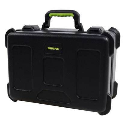 SH-MICCASE30 molded mic case angled three-quarter view from the left with lime green handle grip and Shure logo plate on the lid, Gator