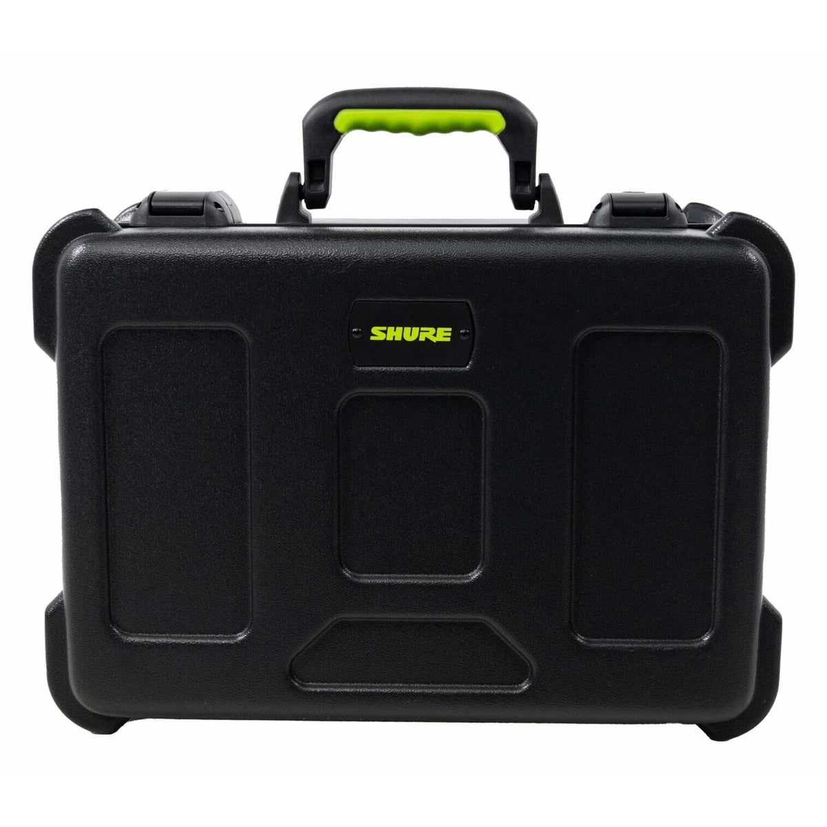 SH-MICCASE30 molded mic case closed front view showing lime green carry handle, TSA latches and recessed panels on the shell, Gator