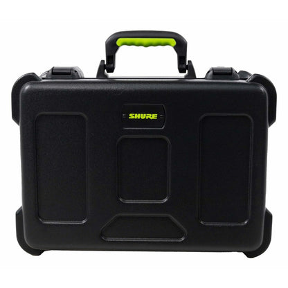 SH-MICCASE30 molded mic case closed front view showing lime green carry handle, TSA latches and recessed panels on the shell, Gator