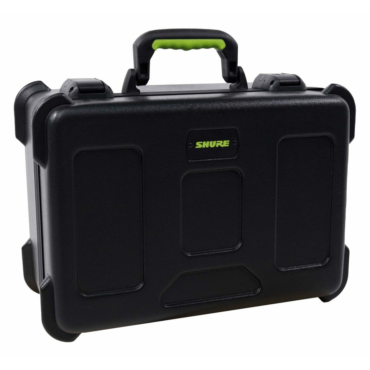 SH-MICCASE30 molded mic case angled three-quarter view from the right with reinforced corners and Shure logo plate, Gator