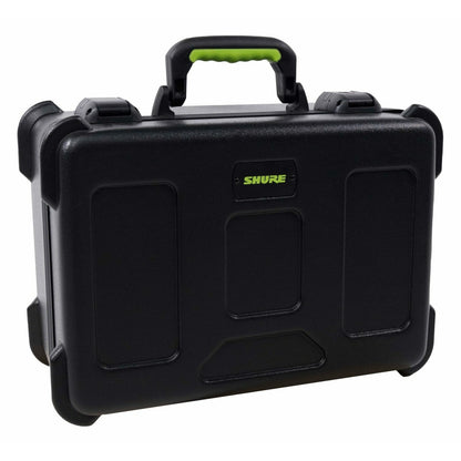 SH-MICCASE30 molded mic case angled three-quarter view from the right with reinforced corners and Shure logo plate, Gator