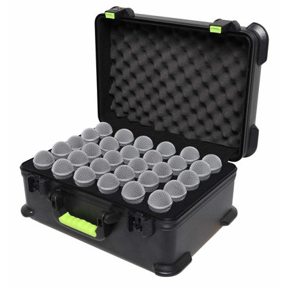 SH-MICCASE30 molded mic case open showing 30 microphone heads seated in black foam drops with egg-crate foam in the lid, Gator
