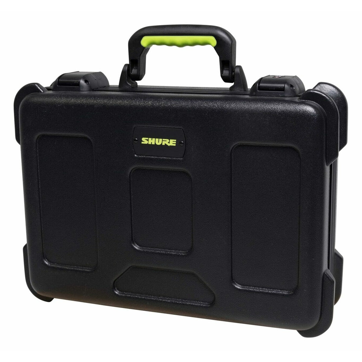 SH-MICCASEW06 molded wireless mic case angled front view with green handle grip and Shure logo plate on lid, Gator