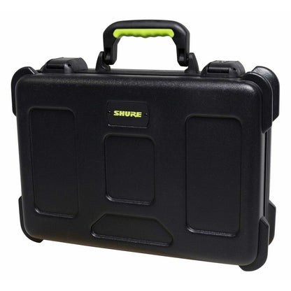 SH-MICCASEW06 molded wireless mic case angled front view with green handle grip and Shure logo plate on lid, Gator