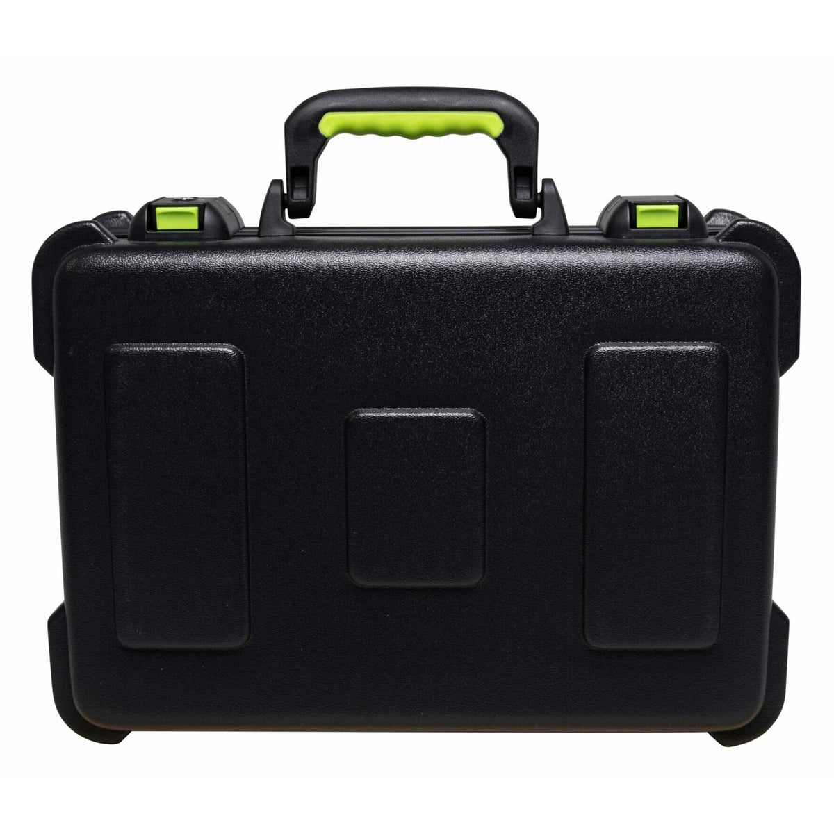 SH-MICCASEW06 molded wireless mic case straight-on rear view with green handle grip, green TSA latch accents and raised panels, Gator