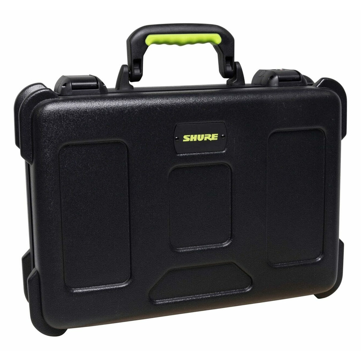 SH-MICCASEW06 molded wireless mic case angled front view from the opposite side showing Shure logo plate and raised lid panels, Gator
