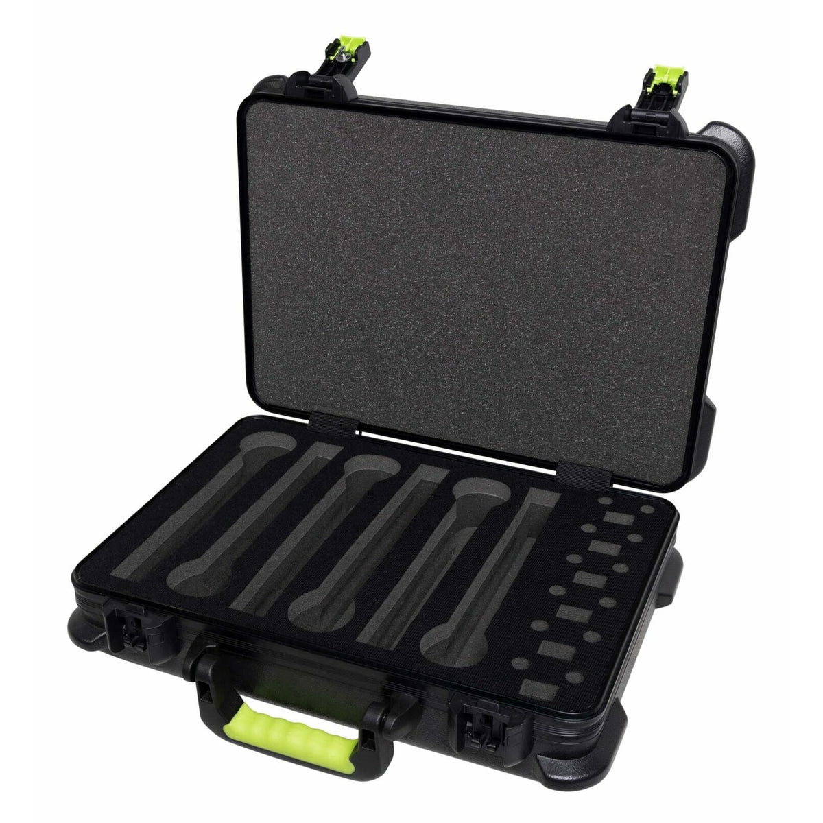 SH-MICCASEW06 molded wireless mic case open showing foam interior with cutouts for six handheld mics and transmitter accessories, Gator