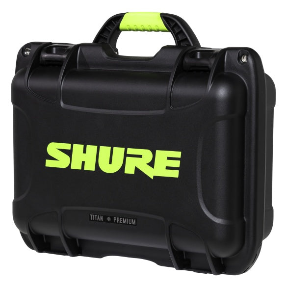 SH-SM7-WP Titan Premium case angled front view with lime green Shure logo and lime handle grip on black shell, Gator