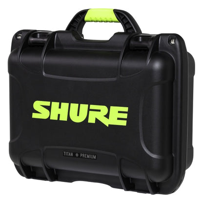 SH-SM7-WP Titan Premium case angled front view with lime green Shure logo and lime handle grip on black shell, Gator