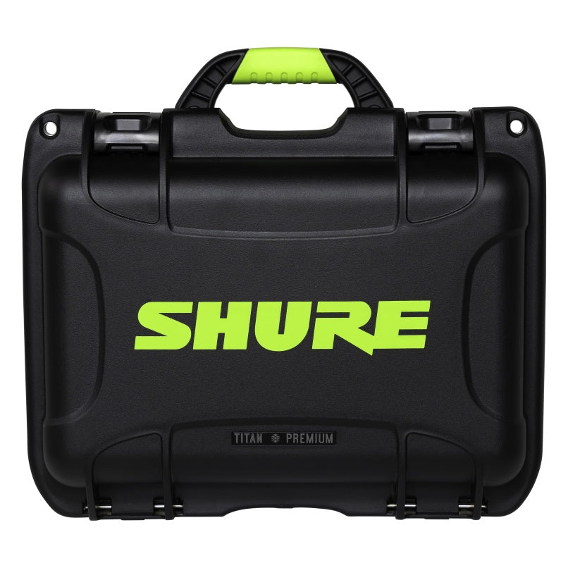 SH-SM7-WP Titan Premium case straight-on front view showing lime green Shure logo, latches and Titan Premium badge, Gator