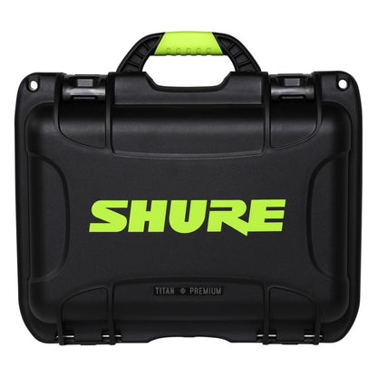SH-SM7-WP Titan Premium case straight-on front view showing lime green Shure logo, latches and Titan Premium badge, Gator