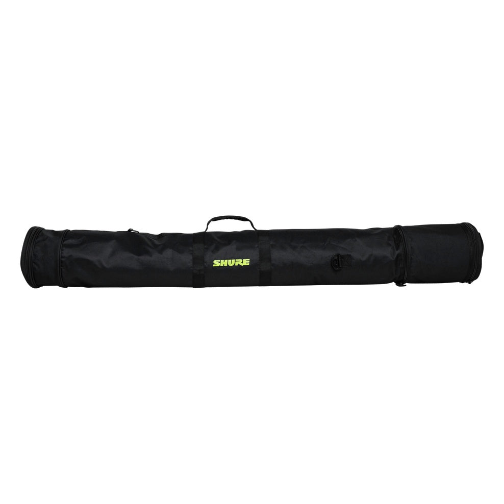 SH-STANDBAG mic stand bag front view lying flat with top carry handle and neon yellow Shure logo on black nylon, Gator