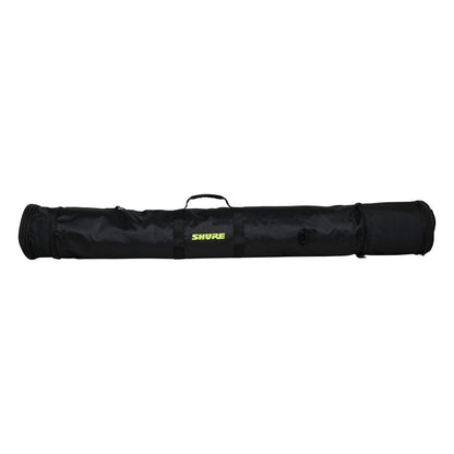 SH-STANDBAG mic stand bag front view lying flat with top carry handle and neon yellow Shure logo on black nylon, Gator