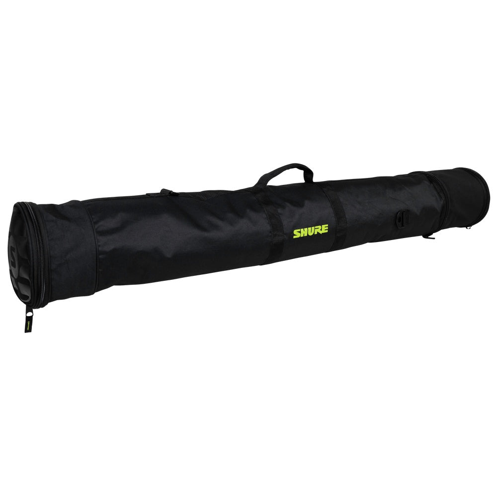 SH-STANDBAG mic stand bag angled view with zippered end pocket, webbing handle and neon yellow Shure logo, Gator