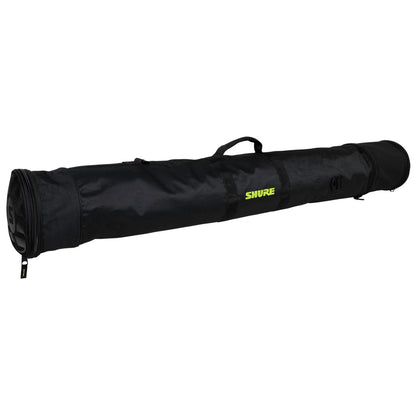 SH-STANDBAG mic stand bag angled view with zippered end pocket, webbing handle and neon yellow Shure logo, Gator