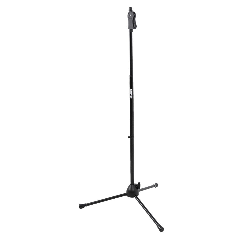 SH-TRIPODSTANDDX deluxe tripod mic stand angled full-length view showing pistol grip clutch at top and folding tripod legs with rubber feet, Gator