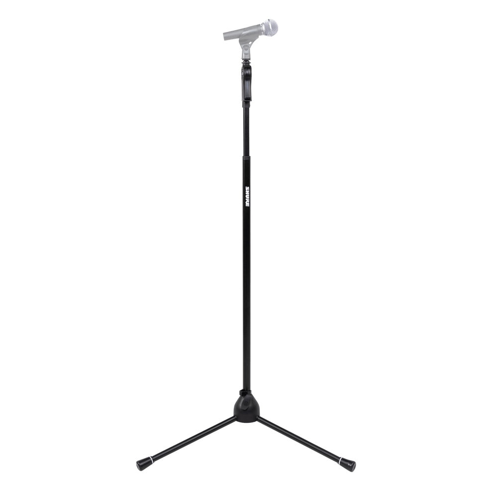 SH-TRIPODSTANDDX deluxe tripod mic stand front view extended with handheld dynamic microphone mounted in the clip on the pistol grip clutch, Gator