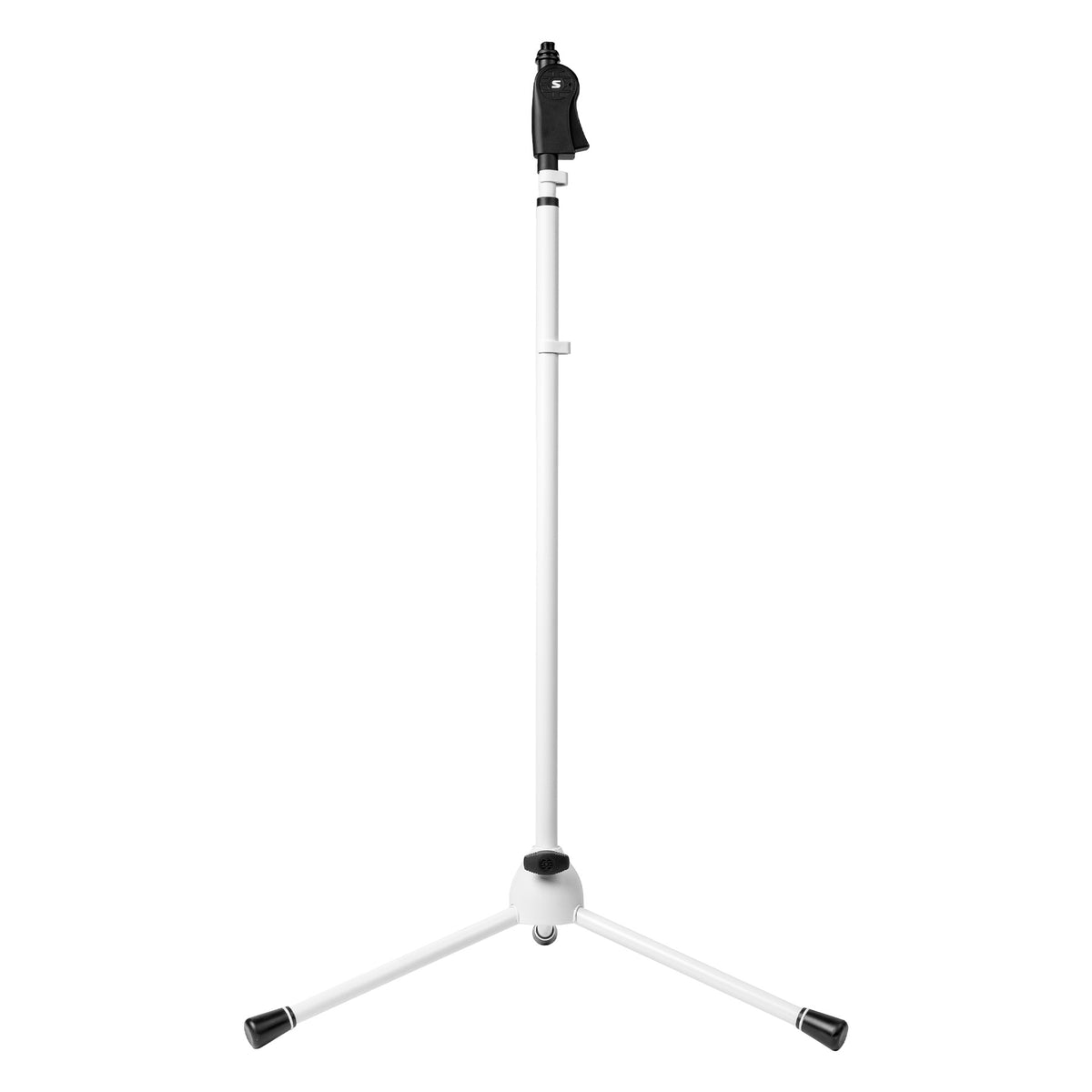 SH-TRIPODSTANDDX-W deluxe tripod mic stand in white, full front view at lower height with pistol grip clutch on top and black rubber-tipped tripod legs, Gator