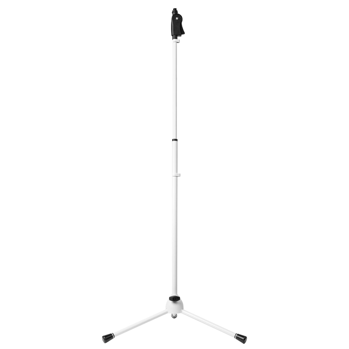 SH-TRIPODSTANDDX-W deluxe tripod mic stand in white, full front view extended to taller height showing telescoping upper shaft, pistol grip clutch and black rubber leg tips, Gator