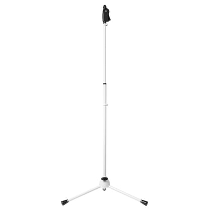 SH-TRIPODSTANDDX-W deluxe tripod mic stand in white, full front view extended to taller height showing telescoping upper shaft, pistol grip clutch and black rubber leg tips, Gator