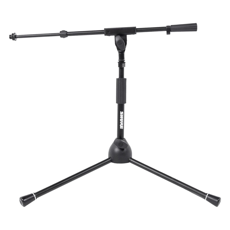 SH-TRIPODSTANDLP low-profile tripod mic stand front view with telescoping boom extended and bare mic thread, Gator