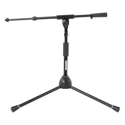 SH-TRIPODSTANDLP low-profile tripod mic stand front view with telescoping boom extended and bare mic thread, Gator