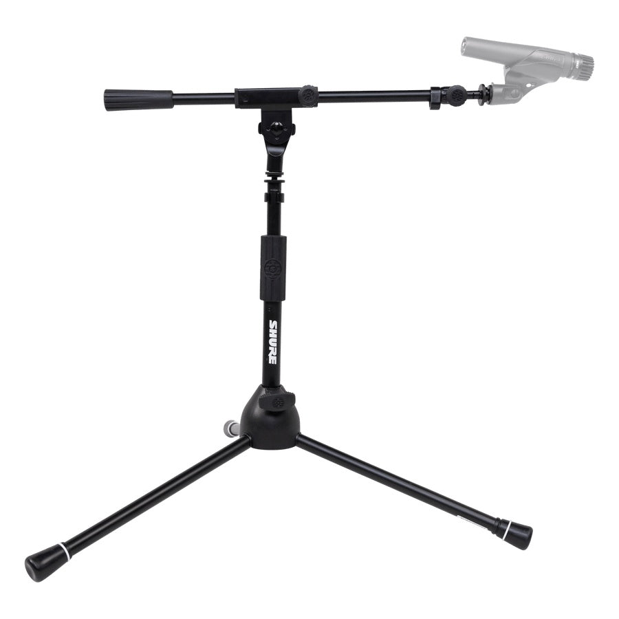 SH-TRIPODSTANDLP low-profile tripod mic stand in use with boom angled and a dynamic microphone clipped on the end, Gator