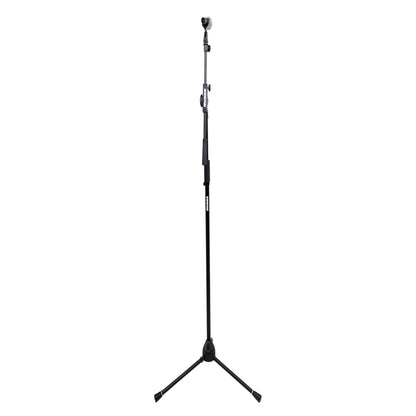 SH-TRIPODSTANDTBM tripod mic stand in straight vertical configuration with boom upright and microphone mounted on top, Gator