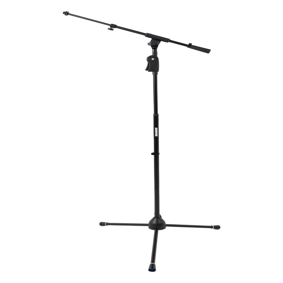 SH-TRIPODSTANDTBMDX deluxe tripod mic stand full view with telescoping boom extended and tripod legs spread, Gator