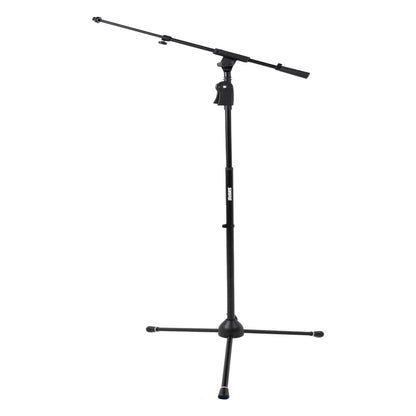 SH-TRIPODSTANDTBMDX deluxe tripod mic stand full view with telescoping boom extended and tripod legs spread, Gator