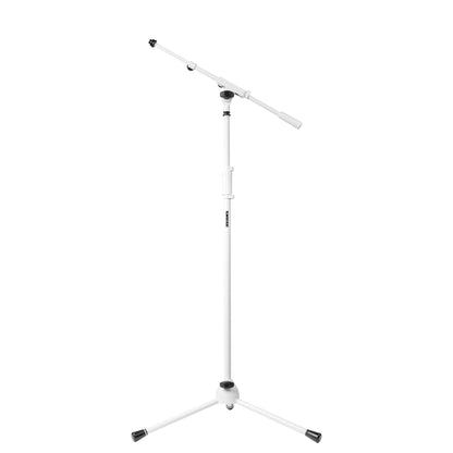 SH-TRIPODSTANDTBM-W white tripod mic stand full front view with telescoping boom arm extended and no microphone fitted, Shure-branded shaft, Gator