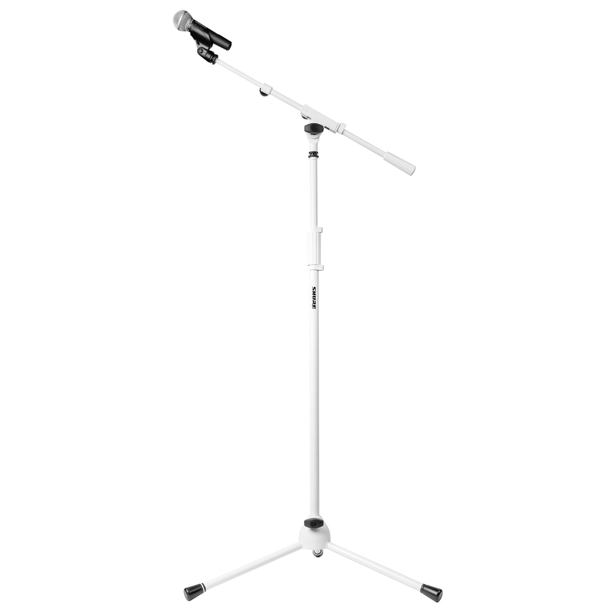 SH-TRIPODSTANDTBM-W white tripod mic stand full view with handheld microphone clipped to the end of the telescoping boom arm, Gator