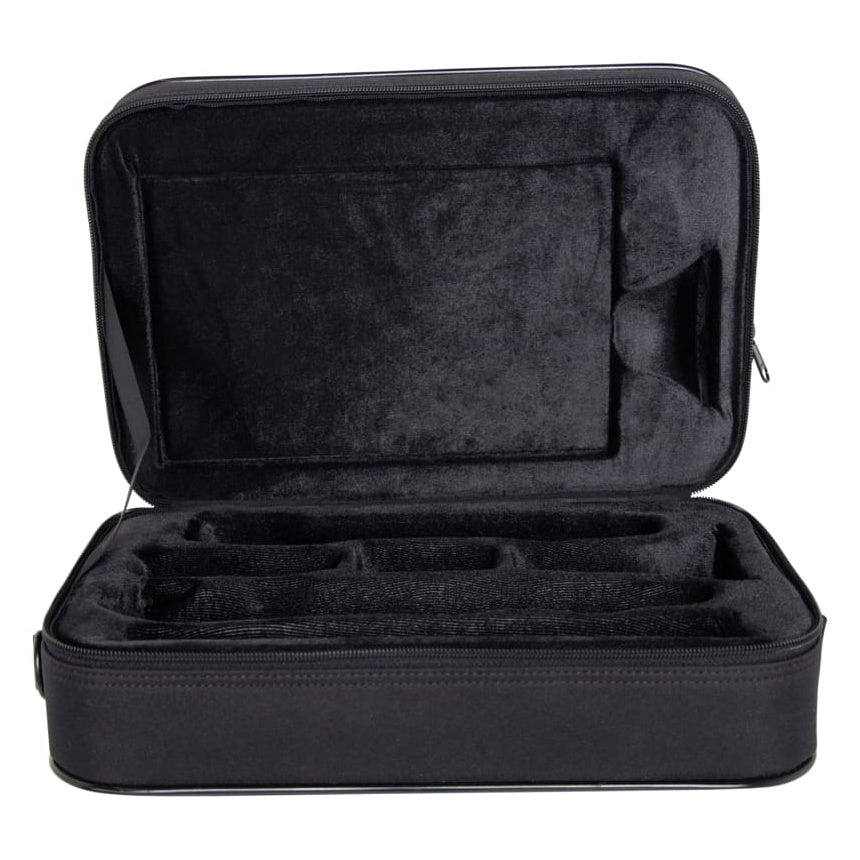 GBB-CLARINET beginner clarinet case open showing black plush-lined interior with molded compartments for clarinet sections and accessory pocket in lid, Gator