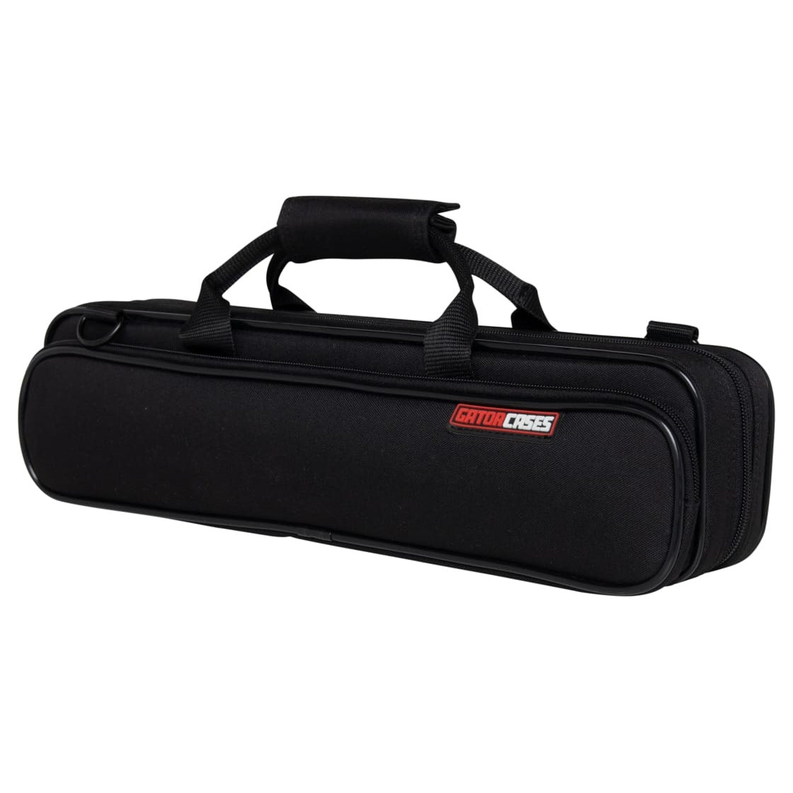 GBB-FLUTE lightweight flute case angled three-quarter view with padded top carry handle and red Gator Cases logo patch on black nylon shell, Gator
