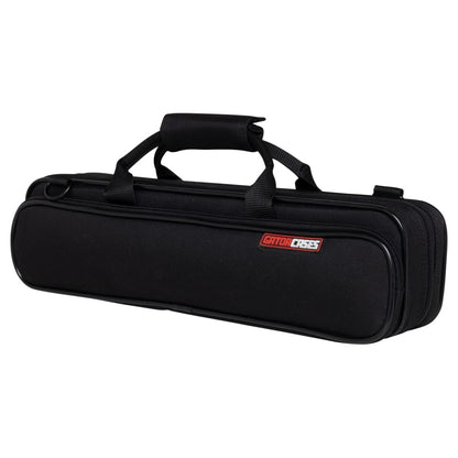 GBB-FLUTE lightweight flute case angled three-quarter view with padded top carry handle and red Gator Cases logo patch on black nylon shell, Gator